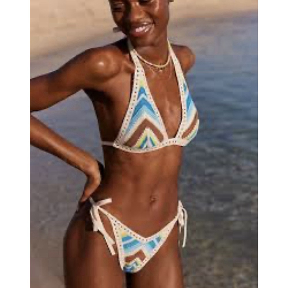 Aerie Multicolor Striped Crochet Halter Swimwear Swim Bikini Top‎ Sz XL